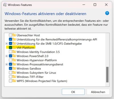 Die VM-Plattform muss in den Windows-Features aktiviert werden.