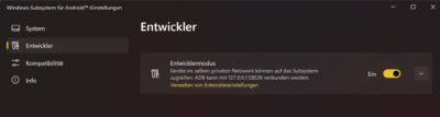Die Entwicklereinstellungen im Windows Subsystem für Android.