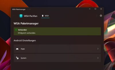 So sieht die App WSA PacMan aus, wenn sie erfolgreich verbunden ist.